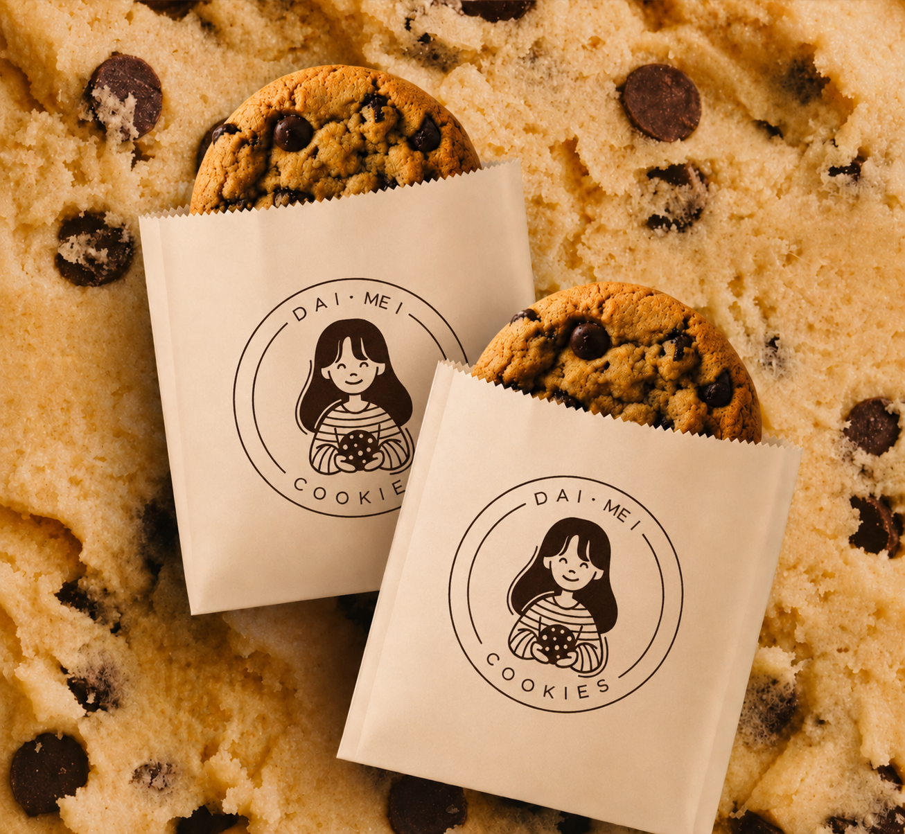 Sacolinhas DaiMe Cookies com a mascote, cookies e massa de chocolate ao fundo
